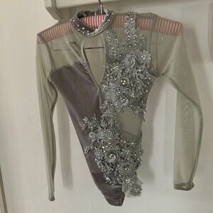Gray velvet mesh girls dance leotard